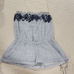 Victoria Secrey Blue and White Strapless Romper with Floral Detail